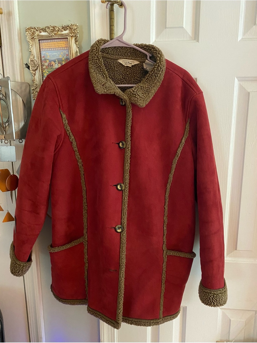 L.L.Bean Vintage Women's Jacket Red Button Collared Sherpa Lined Size L